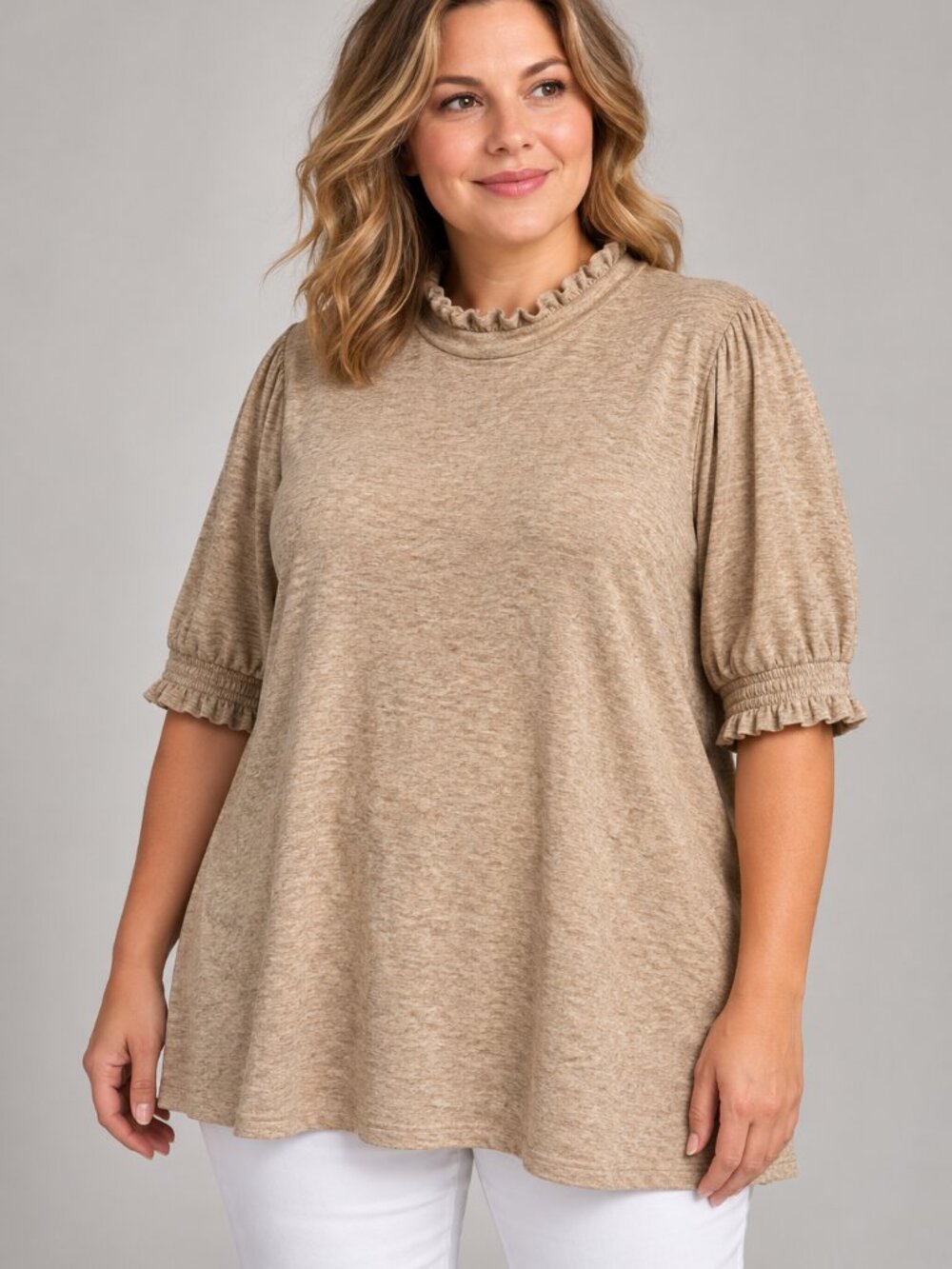 Gibsonlook XL Tan Ruffle Mock Neck Puff Sleeve Soft Knit Blouse Workwear